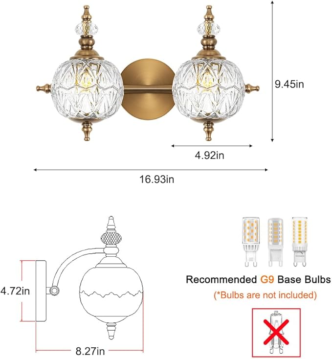 Brushed Antique Brass Bathroom Vanity Light Fixture Vintage Style - 2 Light G9 Bulb Compatible, 17" Wide Bathroom Lighting Over Mirror with Hand-Etched Glass Shades, Easy Mount for Makeup Area