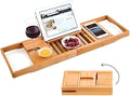 Creative Factory Luxury Bathtub Caddy Tray, Four Storage Rooms on the Board with Grey Fabric for Electronic Tablet Holder or a Book, Soap or Phone, Glass of Wine Slot (Natural Bamboo Wood Color)