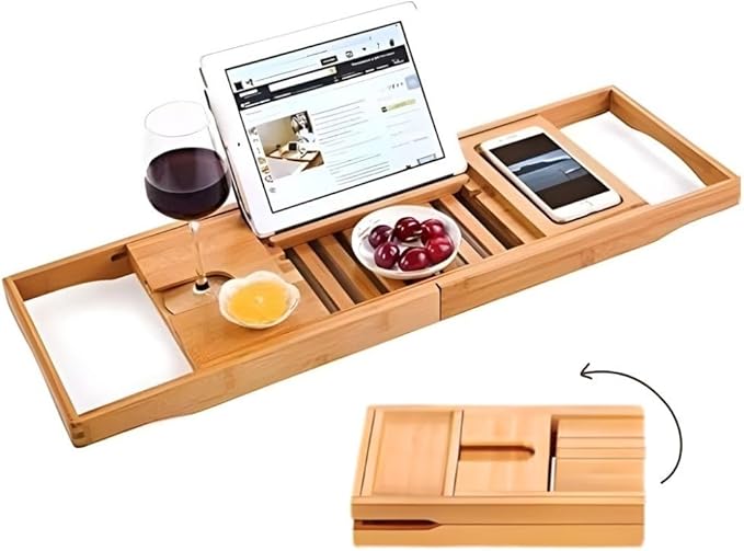 Creative Factory Luxury Bathtub Caddy Tray, Four Storage Rooms on the Board with Grey Fabric for Electronic Tablet Holder or a Book, Soap or Phone, Glass of Wine Slot (Natural Bamboo Wood Color)