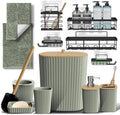 Clara Clark Bathroom Set - Sage Green Bathroom Accessories Set, 6PC Bathroom Accessory Set, Bathroom Sets with Bathroom Rugs, Adhesive Corner Shower Caddy Hanging, Toilet Brush & Trash Can by ClaraClark