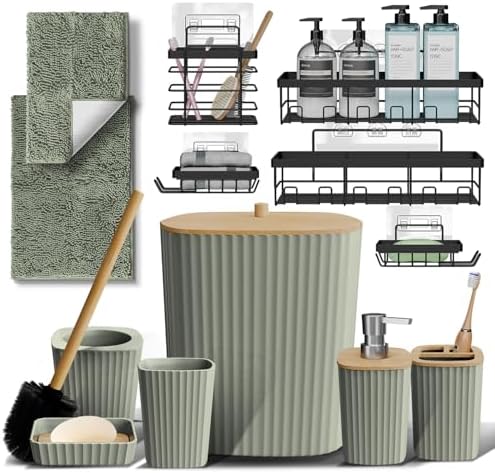 Clara Clark Bathroom Set - Sage Green Bathroom Accessories Set, 6PC Bathroom Accessory Set, Bathroom Sets with Bathroom Rugs, Adhesive Corner Shower Caddy Hanging, Toilet Brush & Trash Can by ClaraClark