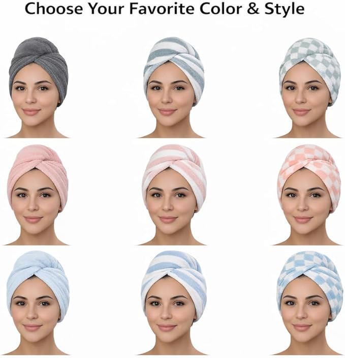 KELVO Microfiber Hair Towel Wrap for Women, 350 GSM Quick-Dry Hair Turban, Soft Anti-Frizz Towel for Curly, Long & Thick Hair, Lightweight Fast-Drying Head Wrap. (3 Gray (Solid, Stripes,Chess))