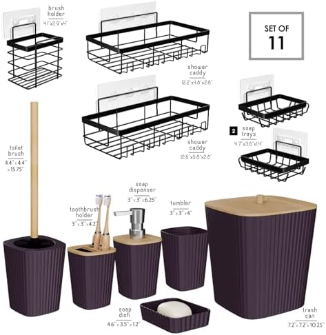 Clara Clark Bathroom Set - Purple Bathroom Accessories Set, 6PC Bathroom Accessory Set, Bathroom Sets with Adhesive Corner Shower Caddy Hanging, Toilet Brush, Trash Can & Soap Dispenser - Image 2
