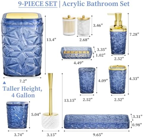 Bathroom Accessory Set, 9-Piece Blue Bathroom Set with Trash Can, Toilet Brush, Soap Dispenser, Soap Dish, Toothbrush Holder, Tumbler, Q-tip Holders & Tray, for Hotel/Apartment, Housewarming Gift - Image 7