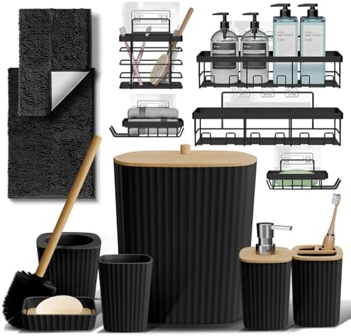 Clara Clark Bathroom Set - Black Bathroom Accessories Set, 6PC Bathroom Accessory Set, Bathroom Sets with Bathroom Rugs, Adhesive Corner Shower Caddy Hanging, Toilet Brush, Trash Can & Soap Dispenser by ClaraClark