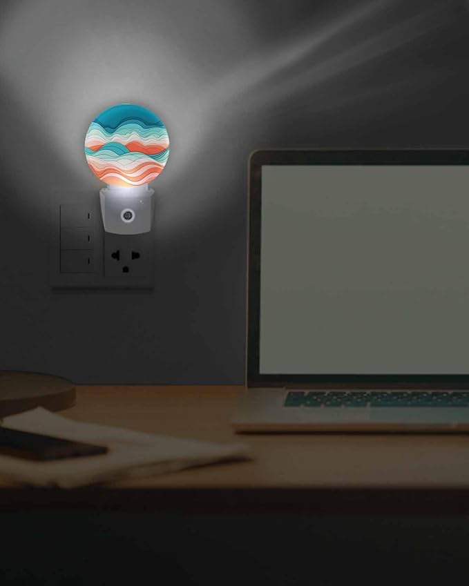Night Lights Auto Sensor Ombre Turquoise Pink Night Light Abstract Mountain Waves Lines Round Lamp Plug-in LED Nightlights Dusk to Dawn for Living Room Bedroom Bathroom Hallway Wall Decor