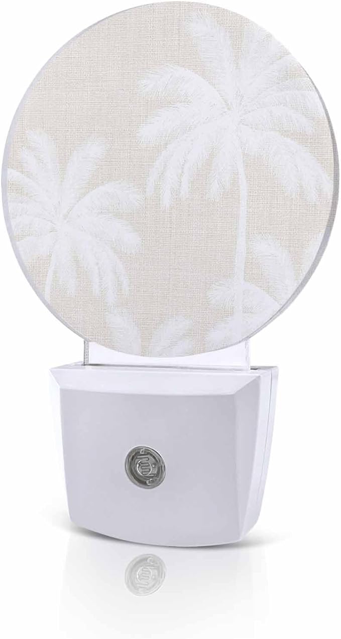Night Lights Auto Sensor Tropical Palm Trees Night Light Cream Linen Coastal Round Lamp Plug-in LED Nightlights Dusk to Dawn for Living Room Bedroom Bathroom Hallway Wall Decor