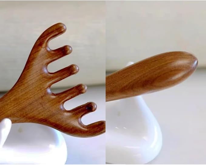 OULIGET Natural Wooden Gua Sha Tool,Wooden Gua Sha Scraping Massage Tool,Long Handle Sandalwood Six Claw Antler Massager,1 Pieces