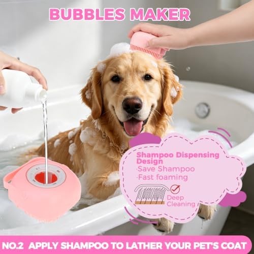 PAWCHIE Bath Grooming Kit for Pets, 9 PCS Hair Brush Set with Towel,Washing Gloves,Bath Brush and Adjustable Handle Shampoo Brush & Scrubber for Short Long Haired Dogs and Cats,Dog Bath Supplies, Pink - Image 3