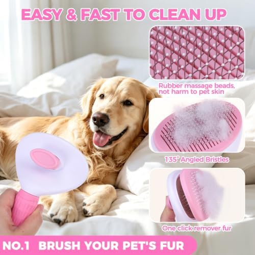 PAWCHIE Bath Grooming Kit for Pets, 9 PCS Hair Brush Set with Towel,Washing Gloves,Bath Brush and Adjustable Handle Shampoo Brush & Scrubber for Short Long Haired Dogs and Cats,Dog Bath Supplies, Pink - Image 2