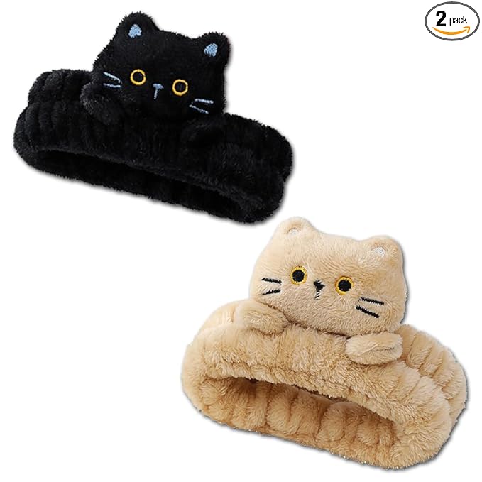 PERFECTSIGHT Spa Headband for Washing Face, 2 Pack Cute Hair Band for Shower Yoga Beauty Skincare Party, Soft Fluffy Makeup Headband, Kawaii Facial Headbands for Woman Girls, Kitty