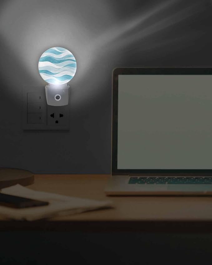 Night Lights Auto Sensor Teal Blue Ocean Waves Night Light Abstract Mountain Stripes Round Lamp Plug-in LED Nightlights Dusk to Dawn for Living Room Bedroom Bathroom Hallway Wall Decor