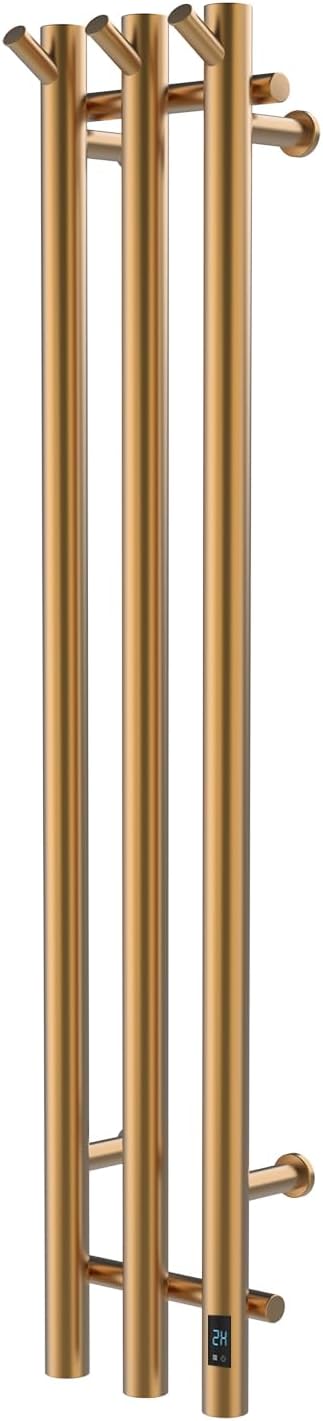 Electric Heated Towel Rack with Timer, Wall-Mounted Towel Warmer, 3 Vertical Bars, Plug-in or Hardwired, 37.4 Inch Height, Round Design (Gold)