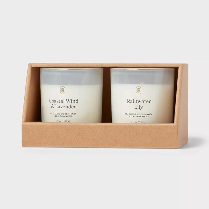 Threshold Milky Coastal Wind and Lavender and Rainwater Lily Scented lidded Glass Jar Candle, 4.5 oz, Gift Set of 2