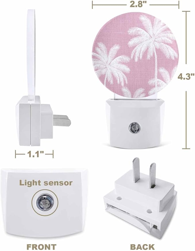 Night Lights Auto Sensor Tropical Palm Trees Night Light Peach Pink Linen Coastal Round Lamp Plug-in LED Nightlights Dusk to Dawn for Living Room Bedroom Bathroom Hallway Wall Decor