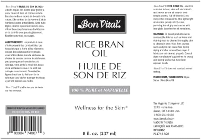 Bon Vital' Rice Bran Oil, 100% Pure and Cold Pressed Carrier Oils for Diffusers, Professional Massage Oil, Best Beauty Secret for Soft & Smooth Skin, Moisturizer, 8 Ounce Bottle
