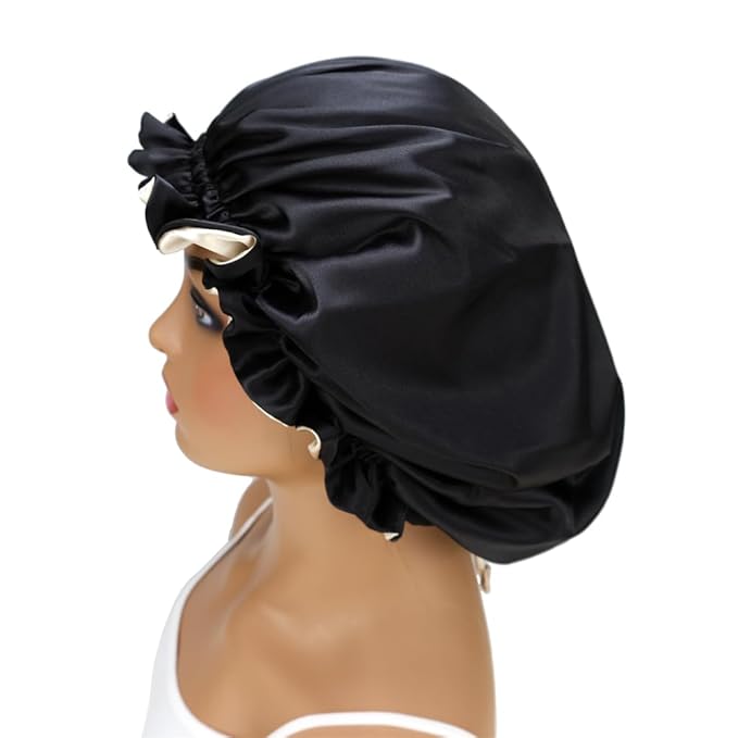 Adjustable Silk Satin Bonnet Hair Care Caps for Women Girls Loose-fitting Reversible Sleeping Cap Shower Caps Hair Wrap Bonnets (004 Black/Beige)