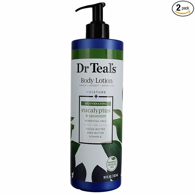 Dr Teal's Body Lotion - Moisture Plus - Rejuvenating Eucalyptus & Spearmint Essential Oils, 18 Fl Oz 2-Pack (36 Fl Oz)