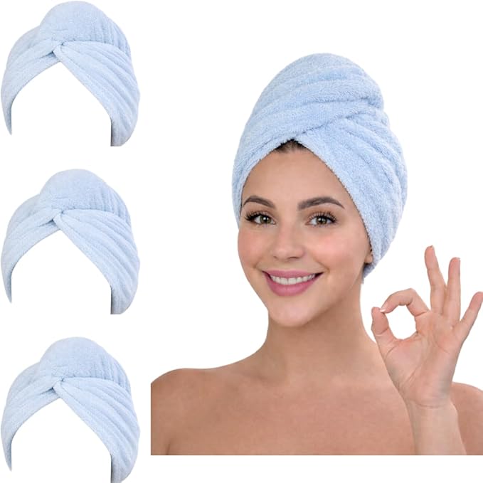 KELVO Microfiber Hair Towel Wrap for Women, 350 GSM Quick-Dry Hair Turban, Soft Anti-Frizz Towel for Curly, Long & Thick Hair, Lightweight Fast-Drying Head Wrap. (3 Blue Solid)