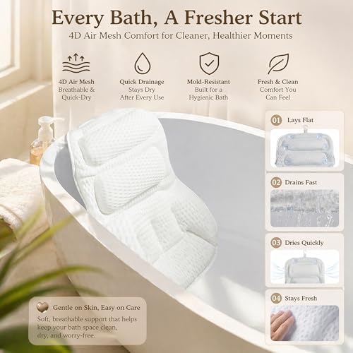 Luxury Bath Pillow for Tub, with 10 Strong Suction Cups, Non-Slip Bathtub Pillow for Head Neck & Back Support, Extra Large 21” Spa Bath Pillow, 4D Air Mesh Quick-Dry, Gift for Women(White) - Image 4