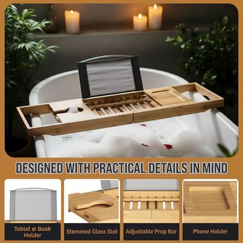 Bamboo Bathtub Caddy Tray with Extending Wood Sides -Fits Any Bath, Hot Tub and Jacuzzi - Image 5