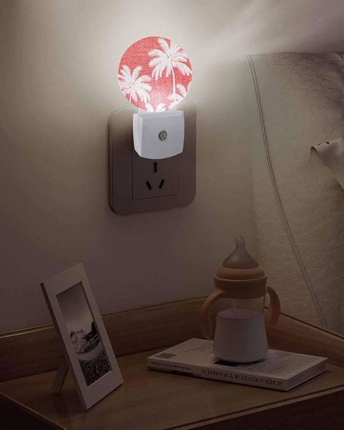 Night Lights Auto Sensor Tropical Palm Trees Night Light Coral Linen Coastal Round Lamp Plug-in LED Nightlights Dusk to Dawn for Living Room Bedroom Bathroom Hallway Wall Decor