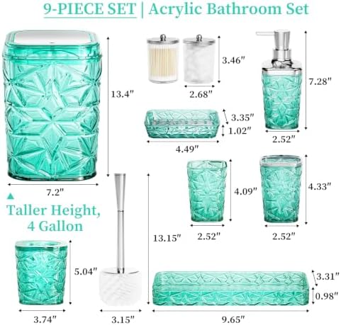 Bathroom Accessory Set, 9-Piece Teal Bathroom Set with Trash Can, Toilet Brush, Soap Dispenser, Soap Dish, Toothbrush Holder, Tumbler, Q-tip Holder & Tray, for Hotel/Apartment, Housewarming Gift - Image 2