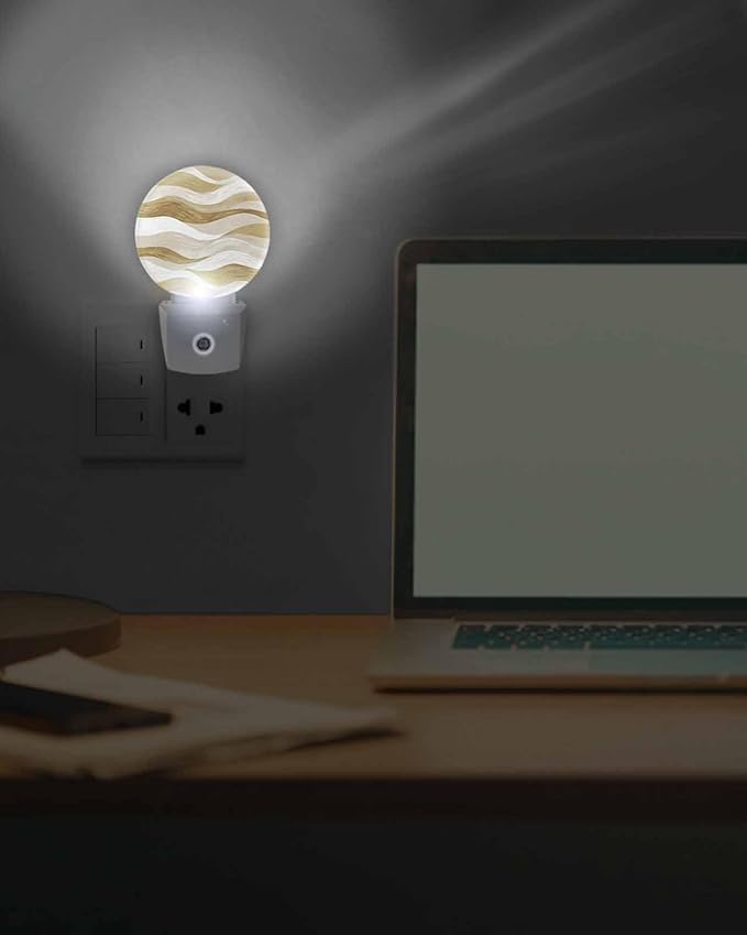 Night Lights Auto Sensor Brown Ocean Waves Night Light Abstract Mountain Stripes Round Lamp Plug-in LED Nightlights Dusk to Dawn for Living Room Bedroom Bathroom Hallway Wall Decor