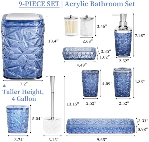 Bathroom Accessory Set, 9-Piece Blue Bathroom Set with Trash Can, Toilet Brush, Soap Dispenser, Soap Dish, Toothbrush Holder, Tumbler, Q-tip Holders & Tray, for Hotel/Apartment, Housewarming Gift - Image 2
