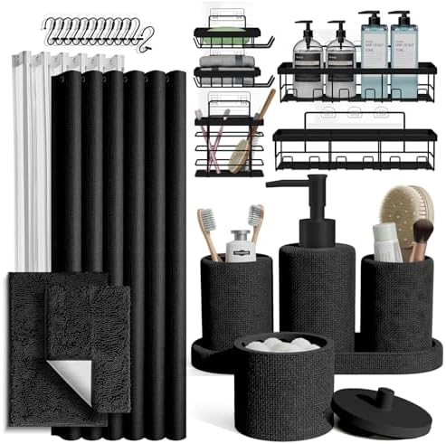 Clara Clark Black Bathroom Set - Bathroom Sets with Shower Curtain and Rugs, 26PC Bathroom Accessory Set, Shower Curtain Set with Adhesive Corner Shower Caddy Hanging & Soap Dispenser by ClaraClark