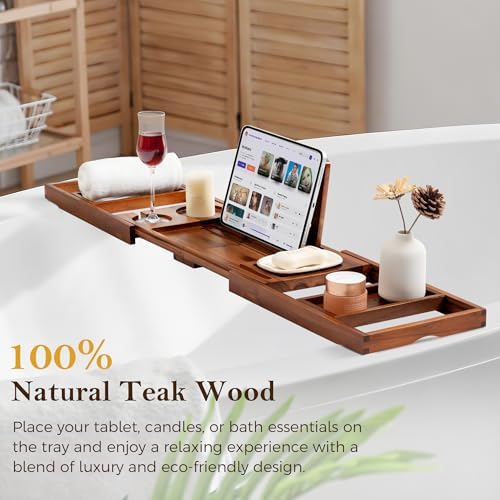 Teak Bathtub Tray for Tub, Expandable Bath Tray 28–40in, Foldable Bathtub Caddy with Wine Glass Holder, Phone & Book Stand, Wooden Bath Tray Organizer, Luxury Bathroom Accessories Gift - Light Walnut - Image 4