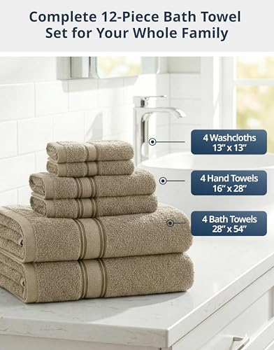 LANE LINEN Bath Towel Set Absorbent Quick Dry 100% Cotton 12 Piece - Taupe - Image 4
