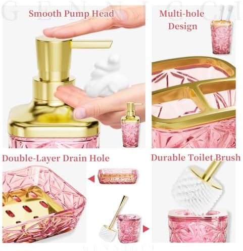 Bathroom Accessory Set, 9-Piece Pink Bathroom Set with Trash Can, Toilet Brush, Soap Dispenser, Soap Dish, Toothbrush Holder, Tumbler, Q-tip Holders & Tray, for Hotel/Apartment, Housewarming Gift - Image 4