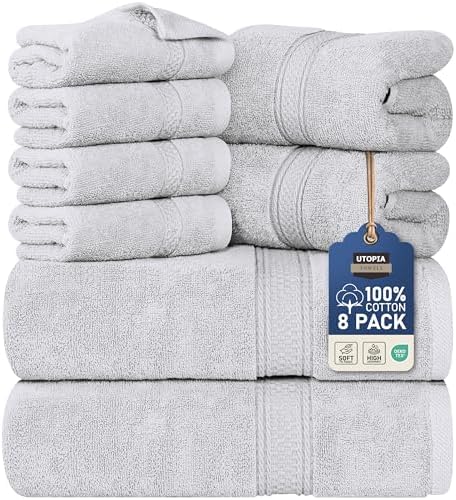Utopia Towels 8 Piece Luxury Towel Set – Majestic Plush, Super Absorbent & Quicker-to-Dry, Thick 100% Ring Spun Cotton Towels for Bathroom, Spa & Hotel – 2 Bath, 2 Hand, 4 Washcloths, Silver by UTOPIATOWELS