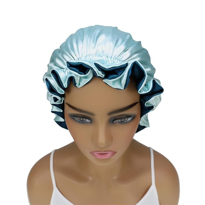 Adjustable Silk Satin Bonnet Hair Care Caps for Women Girls Loose-fitting Reversible Sleeping Cap Shower Caps Hair Wrap Bonnets (005 Peafowl/Aqua)
