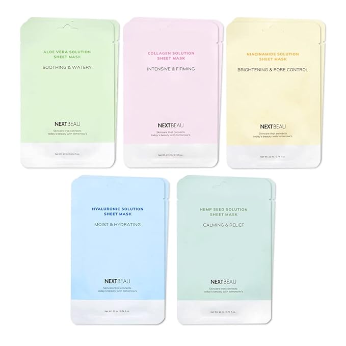 NEXTBEAU Solution Sheet Mask Variety Pack, 10 Count (5 Types x 2 Sheets), 0.74 fl oz Each, Korean Facial Sheet Masks for Daily Skincare