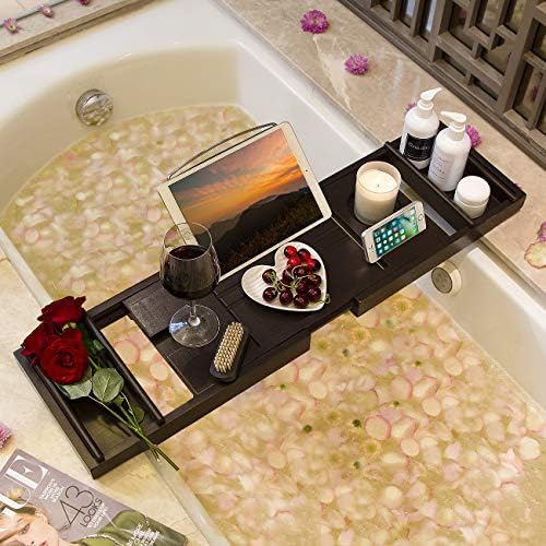 Bathtub Caddy Tray for Luxury Bath - Bamboo Waterproof Expandable Bath Table Over Tub with Wine and Book Holder and Free Soap Dish (Brown) - Image 2