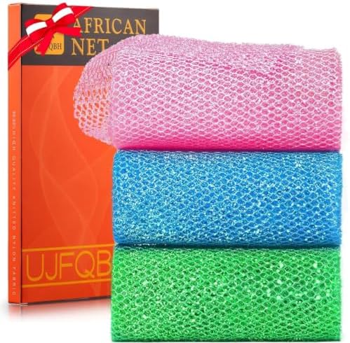 UJFQBH 3 Piece Bright Style African exfoliating net Exfoliating Shower Set Long Bath Sponges for Smooth, Refreshed Skin, The Exterior Gleams - Ideal for Daily Use (Bright Pink, Blue, Green) by BuyNow