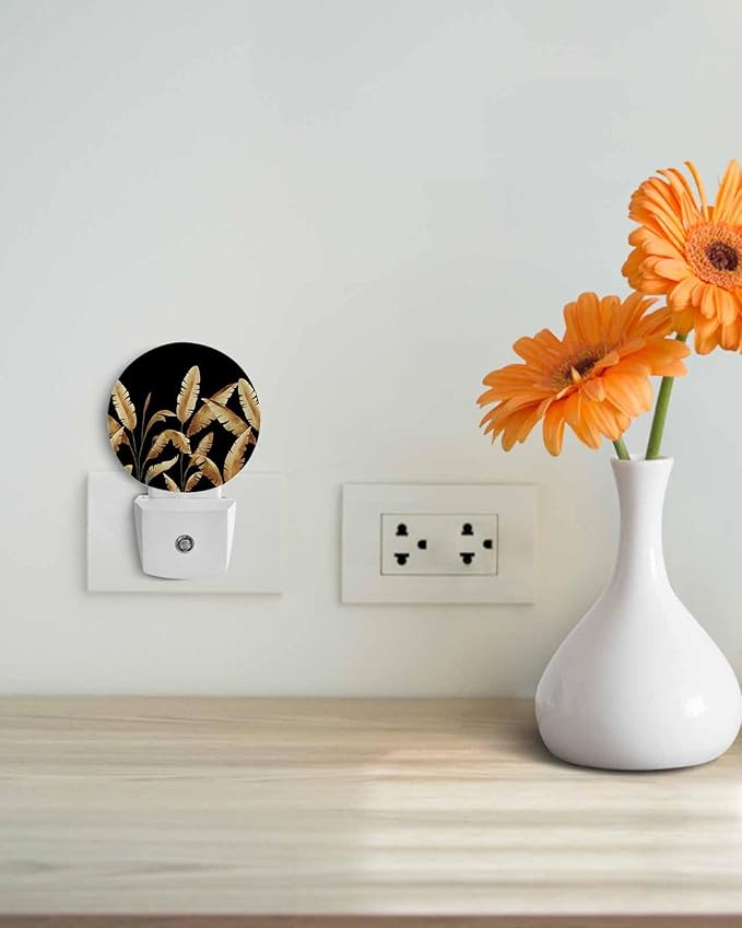 Night Lights Auto Sensor Golden Foliage Night Light Black Minimalist Leaf Round Lamp Plug-in LED Nightlights Dusk to Dawn for Living Room Bedroom Bathroom Hallway Wall Decor