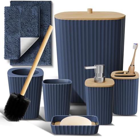 Clara Clark Bathroom Set - Navy Blue Bathroom Accessories Set, 6PC Bathroom Accessory Set, Bathroom Sets with Bathroom Rugs, Toilet Brush, Trash Can & Soap Dispenser by ClaraClark