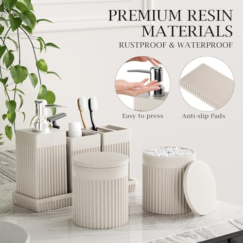 6-Piece Beige Bathroom Set - Sleek Resin Bathroom Accessories Set with Soap Dispenser, Toothbrush Holder, Vanity Tray, Tumbler & Apothecary Jars for Small Spaces - Image 4