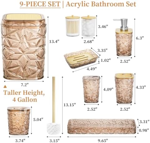 Bathroom Accessory Set, 9-Piece Brown Bathroom Set with Trash Can, Toilet Brush, Soap Dispenser, Soap Dish, Toothbrush Holder, Tumbler, Q-tip Holders & Tray, for Hotel/Apartment, Housewarming Gift - Image 2