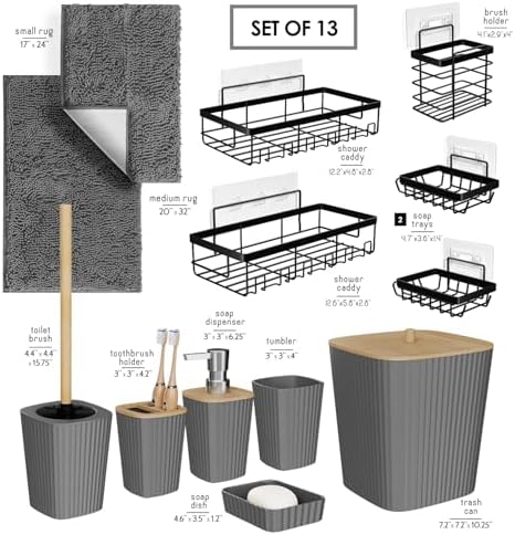 Clara Clark Bathroom Set - Grey Bathroom Accessories Set, 6PC Bathroom Accessory Set, Bathroom Sets with Bathroom Rugs, Adhesive Corner Shower Caddy Hanging, Toilet Brush, Trash Can & Soap Dispenser - Image 2