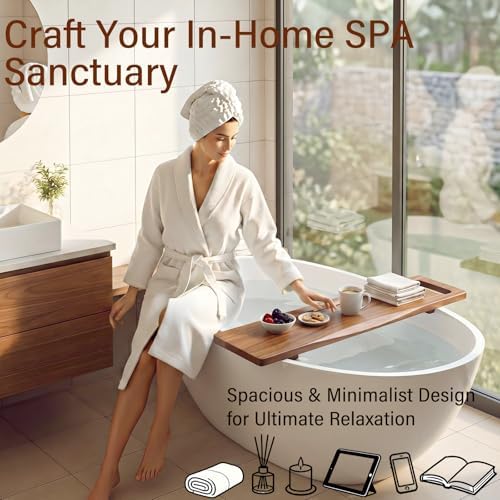 Adjustable Acacia Wood Bathtub Tray Caddy, 39" L with Handles - Image 3