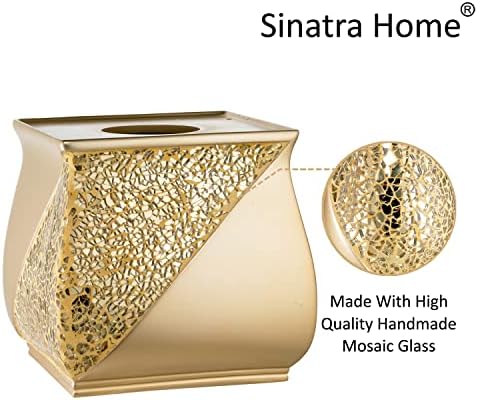 Zahari Home 2pc Sinatra Modern Bath Accessories Set Waste Basket & Tissue Box Champagne Gold Modern Decorative Beautiful Designs Bathroom Decor Set for Home Luxury Bath Set Mosaic Glass - Image 6
