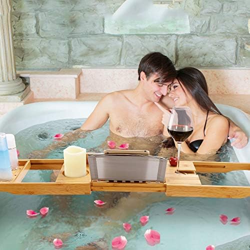 Moclever Bathtub Caddy Trays - Premium Bamboo Bath Trays with Extending Sides, Reading Rack, Tablet Holder, Cell Phone Tray and Luxury Wine Glass Holder - Natural Bamboo Color - Image 5