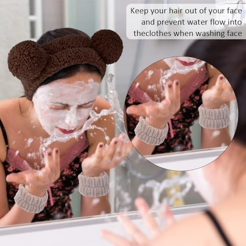 AHONEY Spa Bear Ears Headband, Face Wash Headband and Wristband Set, Cute Makeup Skincare Headbands Wrist Bands for Washing Face for Women Girls Elastic Hair Band (Brown) - Image 2