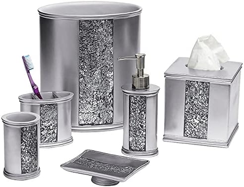 Zahari Home 4pc Sinatra Stylish Bathroom Accessories Set Liquid Soap Dispenser, Tumbler, Tooth Brush Holder and Soap Dish Modern Classic Luxury Decor Bling Mosaic Glass Silver Bathroom Accessories - Image 7