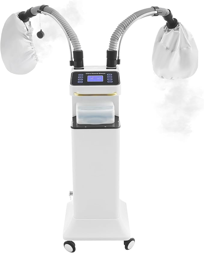 800W Nano Hooded Hair Steamer, Professional Micro Mist Hair Care Steamer with 2 Steam Caps, Salon Hair Deep Conditioning Machine with Adjustable TEM 33.8-167℉ & Timer for Home Salon SPA Use (White)
