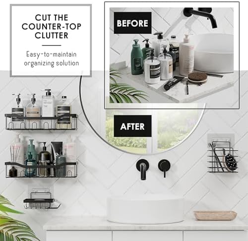 Clara Clark Bathroom Set - Hunter Green Bathroom Accessories Set, 6PC Bathroom Accessory Set, Bathroom Sets with Adhesive Corner Shower Caddy Hanging, Toilet Brush, Trash Can & Soap Dispenser - Image 7